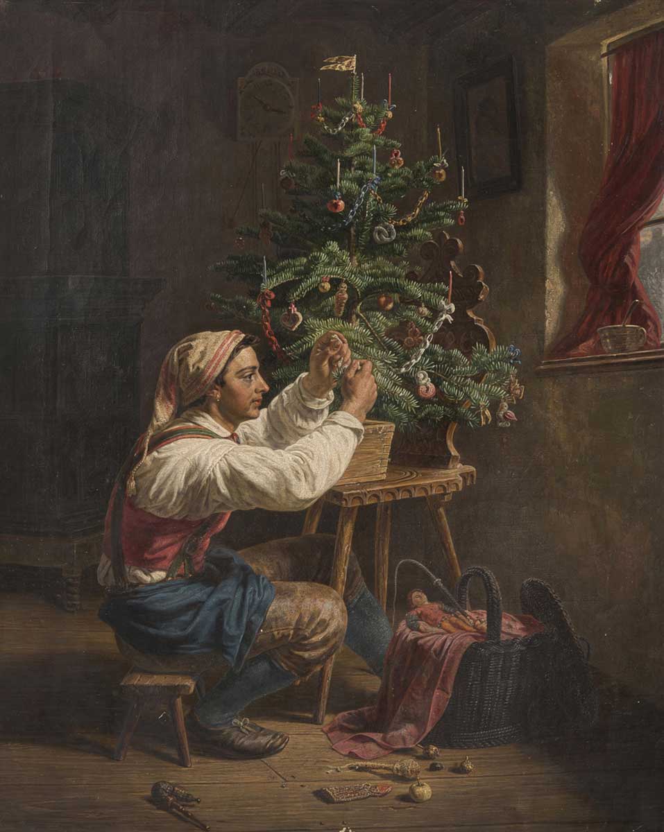 free vintage christmas art entitled “Christmas Tree Decoration” by an Unknown old master artist