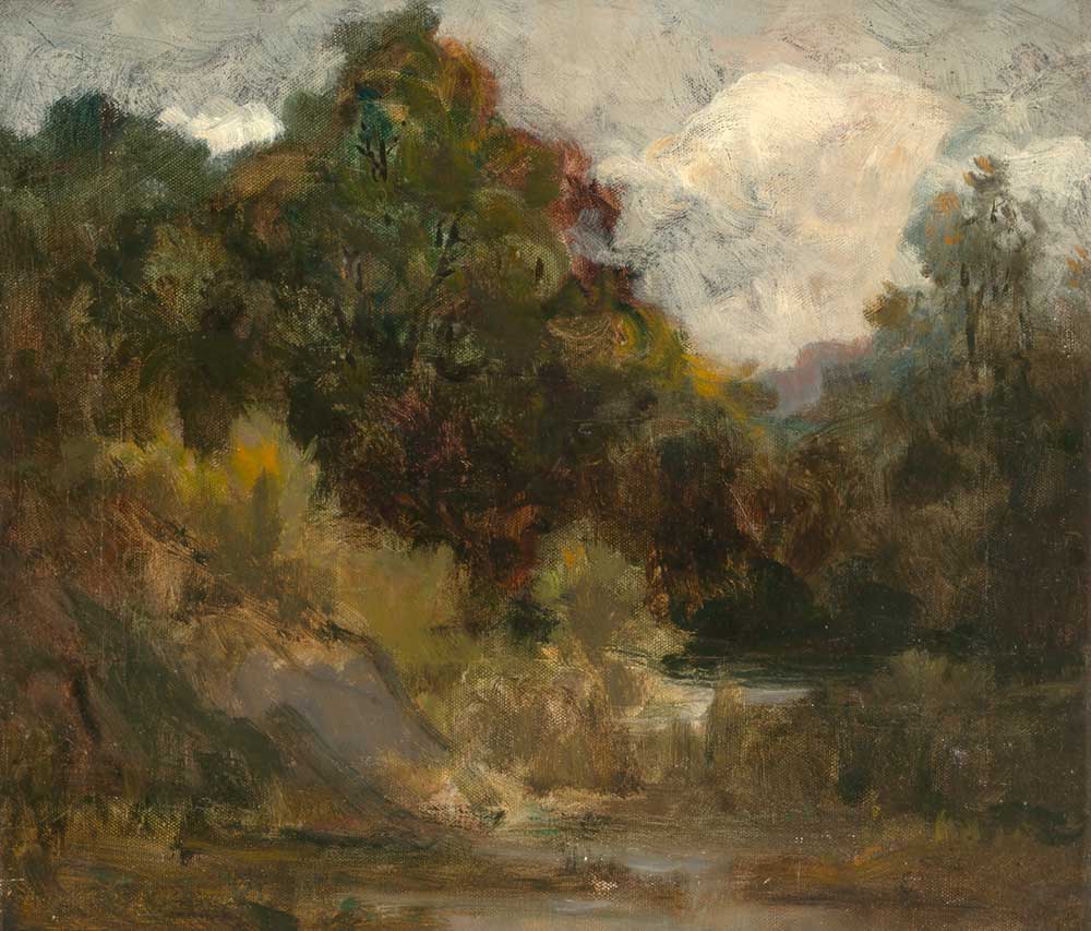 free vintage landscape painting wall art by Edward Mitchell Bannister entitled "Landscape (trees)"