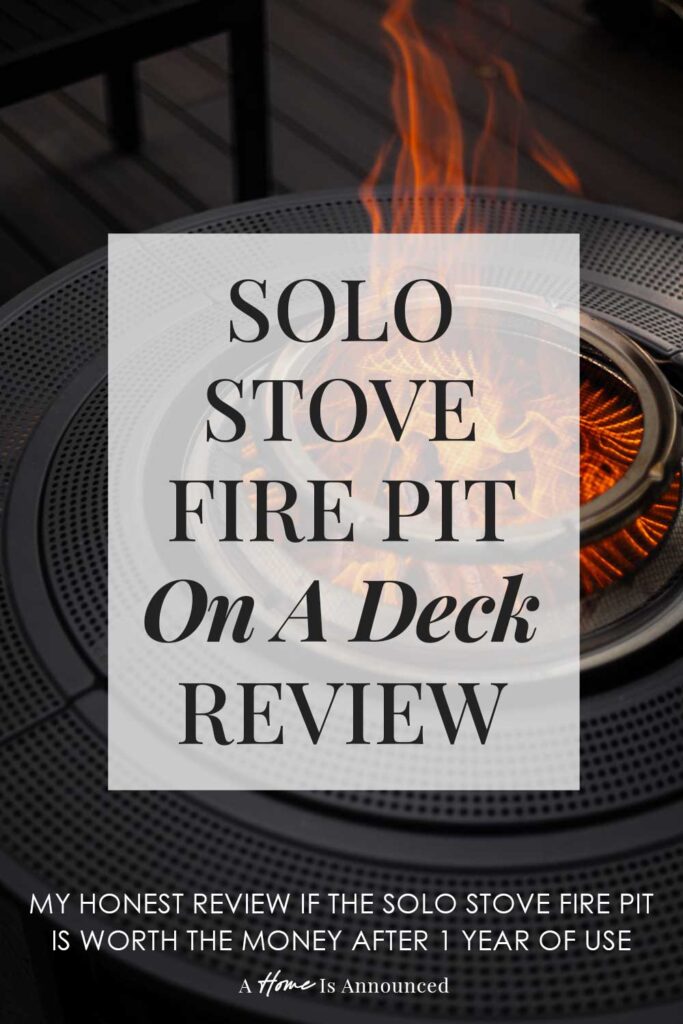 a fire burns brightly in a solo stove on a deck in the background of an image with a text overlay that reads "solo stove fire pit on a deck review: my honest review if. the solo stove fire pit is worth the money after 1 year of use"