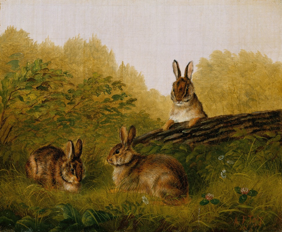 free vintage bunny painting showing three rabbits on a log by Arthur Fitzwilliam Tait for use as free printable Easter and spring decor