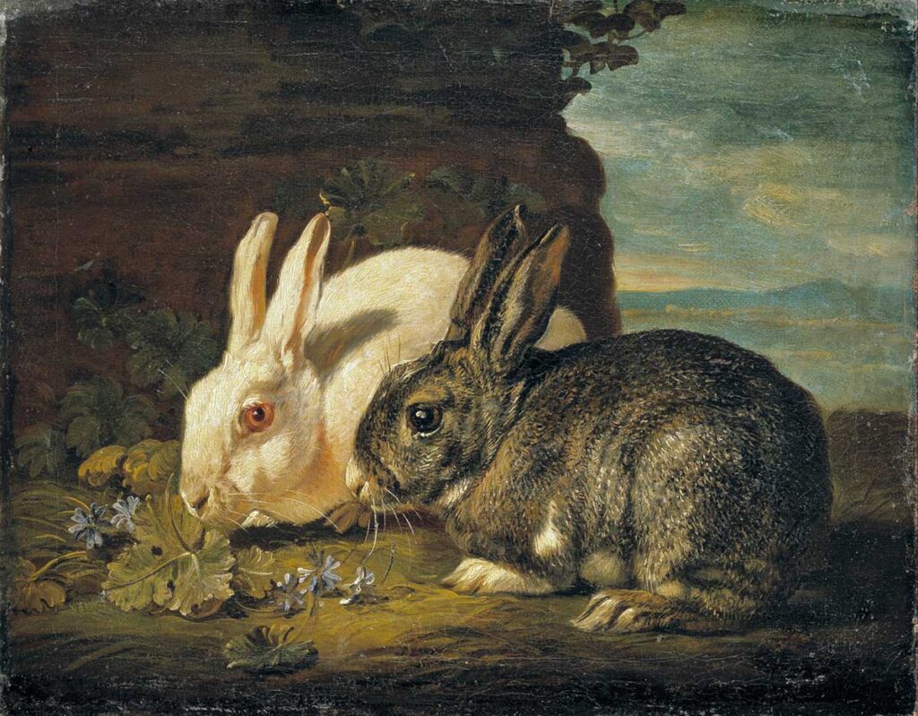 free vintage animal art with two bunnies for use as free printable spring or easter wall art by David de Coninck entitled “Two Rabbits”
