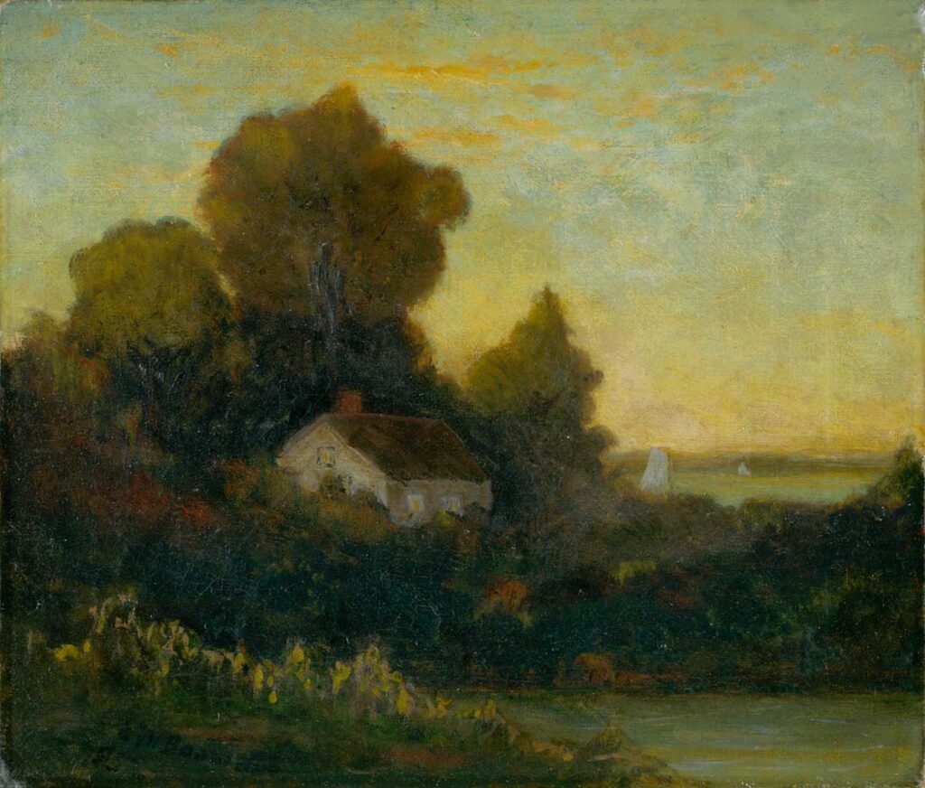 Free vintage landscape painting by Edward Mitchell Bannister entitled "Untitled (house in woods near lake)" for use as free printable wall art