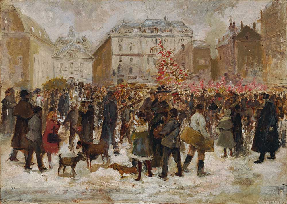 free vintage christmas painting by Ernst Juch entitled “Christmas market in Vienna”