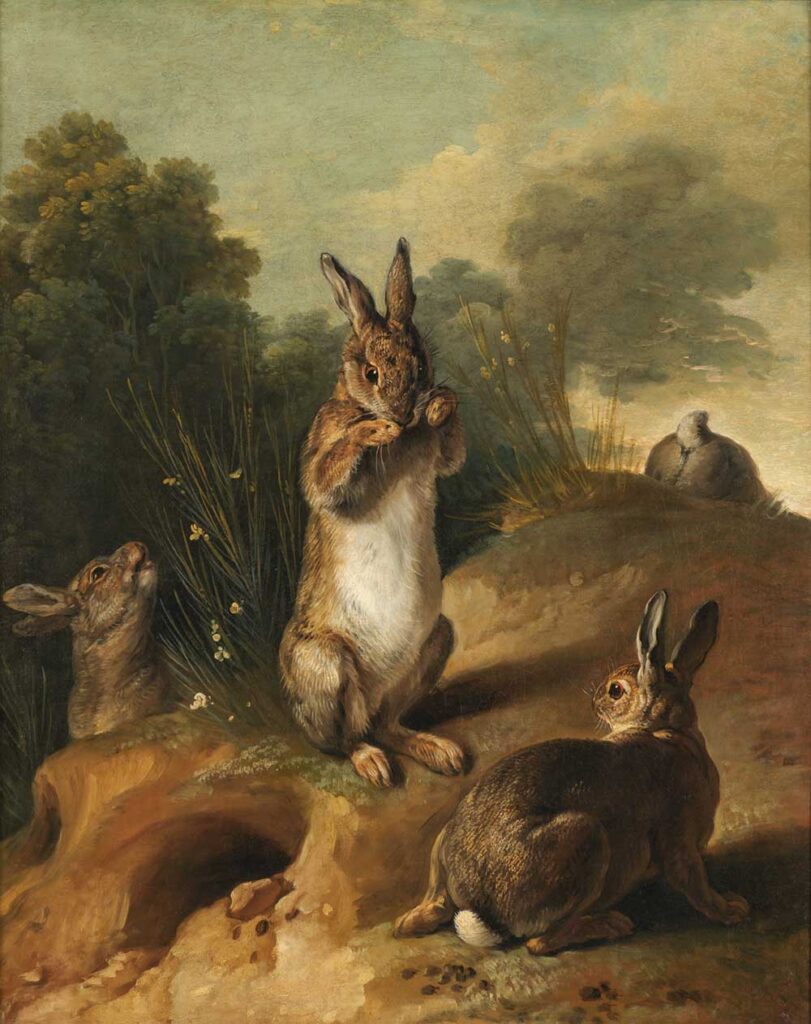 free vintage animal painting by François Desportes entitled “Rabbits” showing four bunnies on a hill for use as printable spring and Easter wall art
