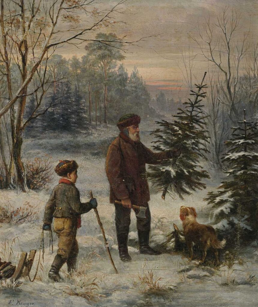 Free vintage christmas art of a father and son picking a christmas tree by Franz Krüger entitled "Before Christmas (Vorweihnacht)"