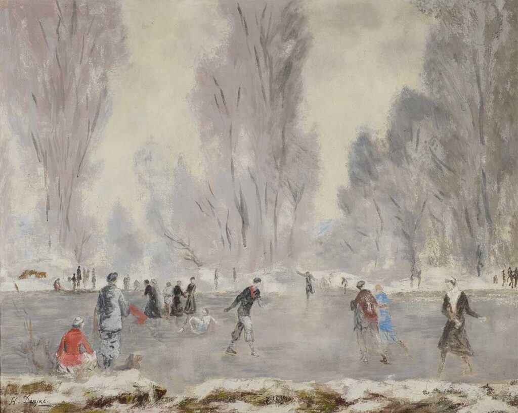 free vintage winter landscape painting by Henry Déziré entitled "Les Patineurs" showing skaters on a frozen pond