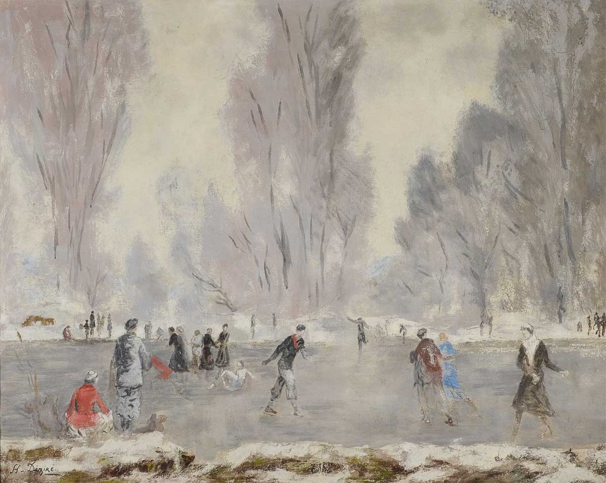 free vintage winter landscape painting by Henry Déziré entitled "Les Patineurs" showing skaters on a frozen pond