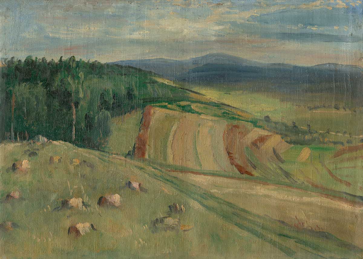 free vintage landscape painting of hay bales and farmland Jozef Hanula entitled “Spiš Landscape (Spišská Krajina)”