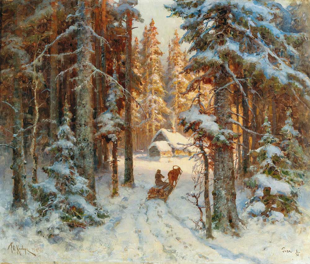 free vintage snowy winter landscape painting by Julius von Klever entitled “Woodcutters Returning Home”