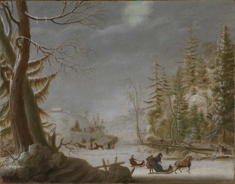free vintage winter landscape painting with sleds by Mathias Blumenthal entitled “Norwegian winter Landscape (Norsk vinterlandskap)”