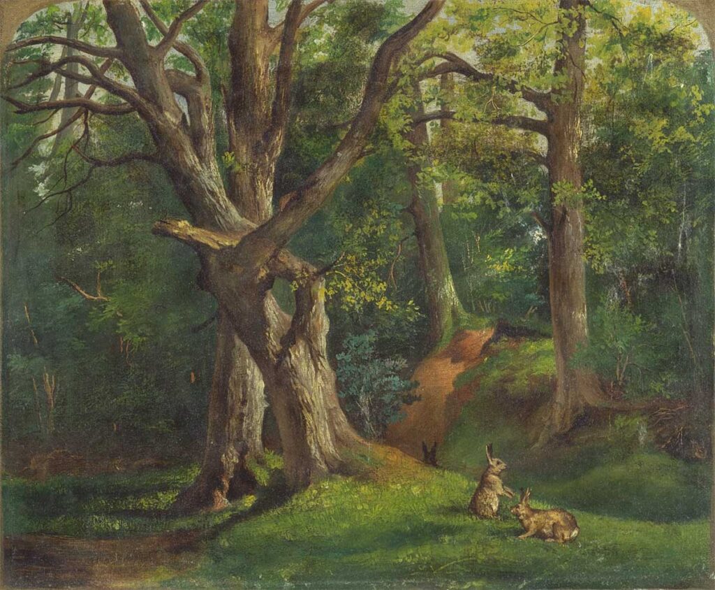 free vintage animal painting of two bunnies in a forest by Sir Hubert von Herkomer entitled “Woodland scene with rabbits”