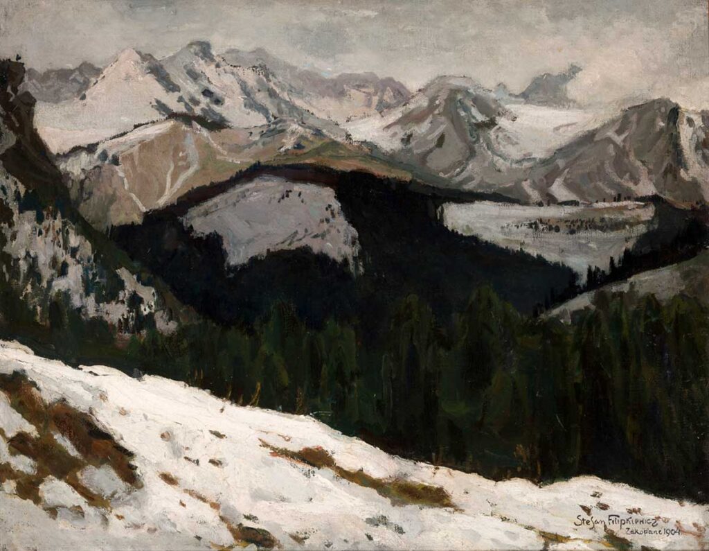 free vintage winter landscape painting by Stefan Filipkiewicz entitled “Thaw in the Tatra Mountains”