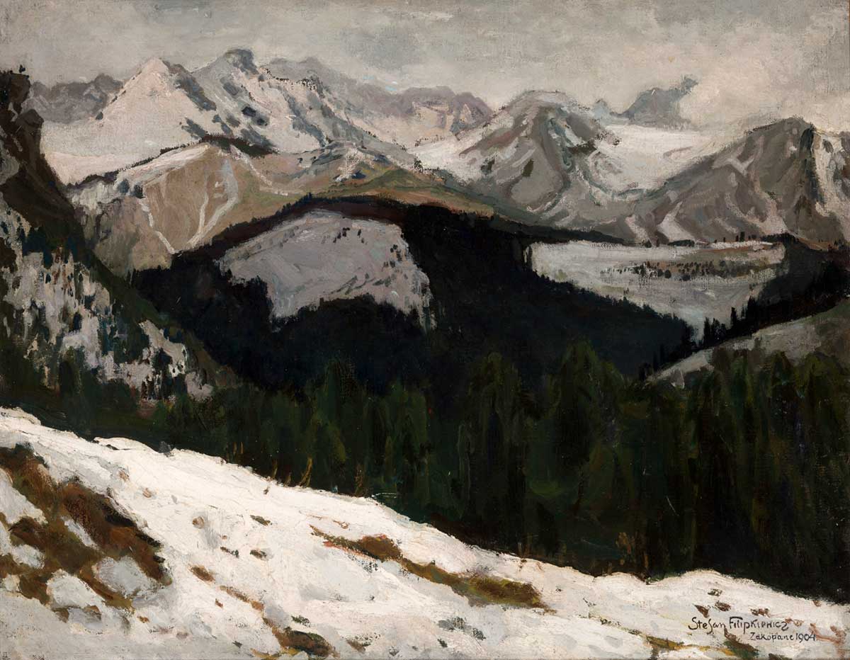 free vintage winter landscape painting by Stefan Filipkiewicz entitled “Thaw in the Tatra Mountains”