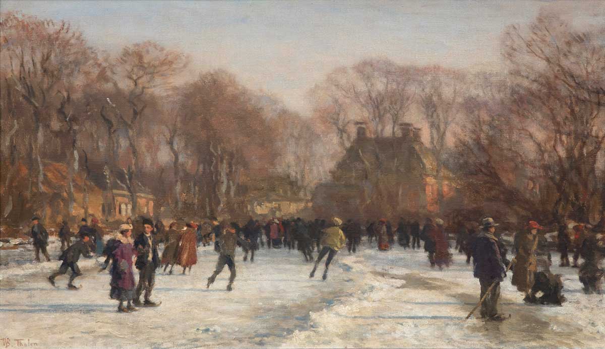 free vintage winter landscape painting by Willem Bastiaan Tholen entitled "Skaters on the pond at Huis Ten Bosch" for use as free printable wall art winter home decor