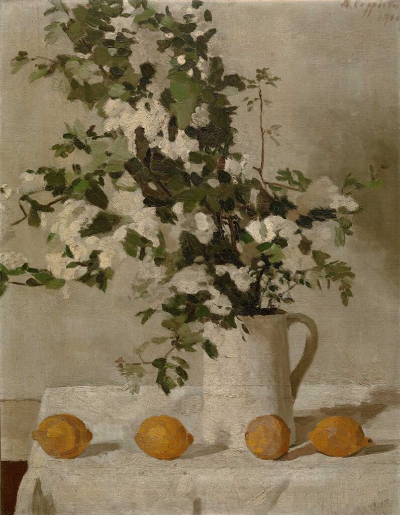 free vintage spring art flower painting with lemons by Albéric Coppieters entitled "Flowers and Lemons"