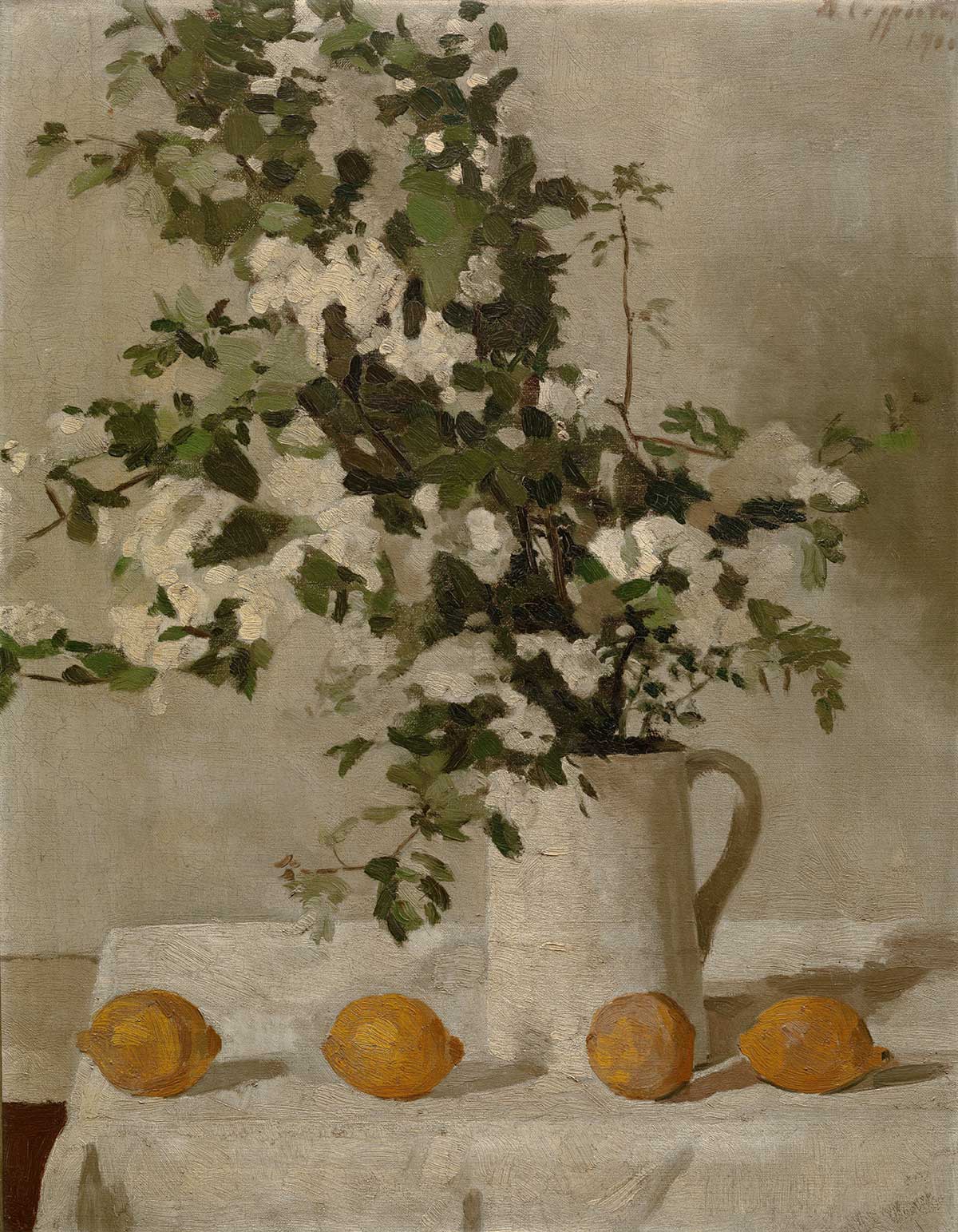 free vintage spring art flower painting with lemons by Albéric Coppieters entitled "Flowers and Lemons"