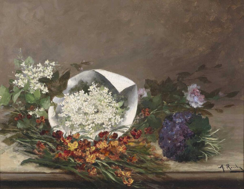 free vintage flower art painting by Alfred Rouby entitled “Spring Flowers” for use as free printable wall art