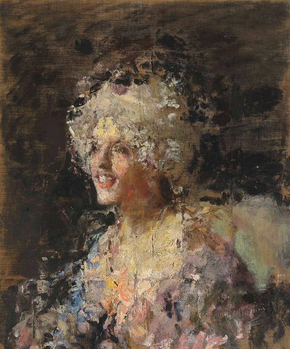 free vintage portrait painting of a woman in an loose impressionist style by Antonio Mancini entitled "Donna in Costume del Settecento" for use as free printable wall art