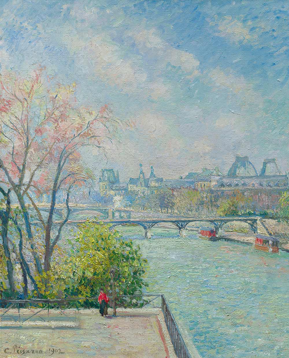 free classic spring art by Camille Pissarro entitled "Le Louvre, Matin, Printemps" for use as spring home decor