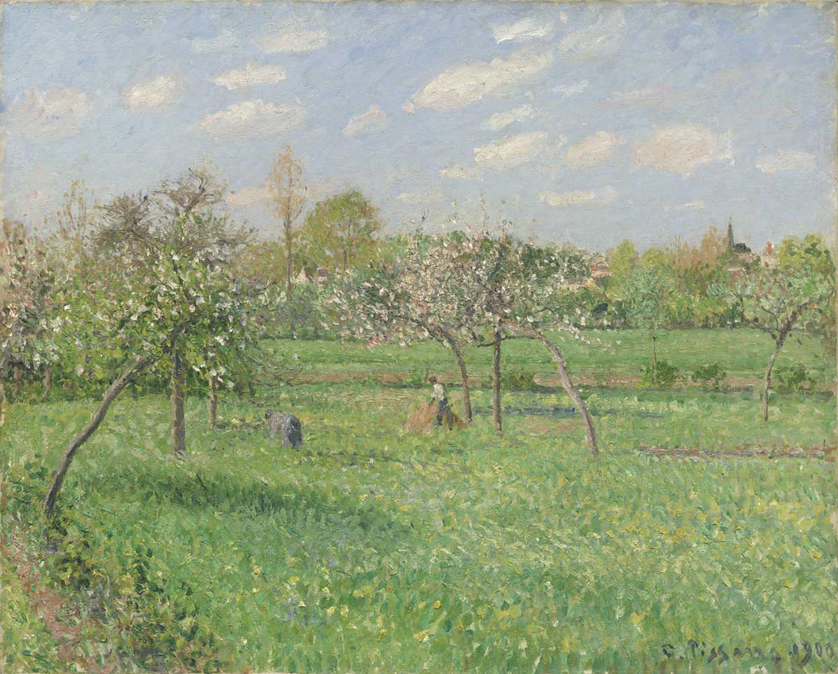 free vintage spring landscape painting by Camille Pissarro entitled "Spring, Morning, Cloudy, Éragny"