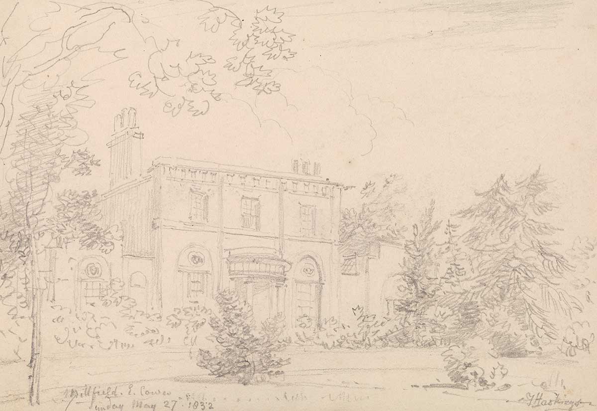 free vintage art spring landscape drawing by Capt. Thomas Hastings entitled "Millfield, East Cowes, Sunday 27 May 1832"