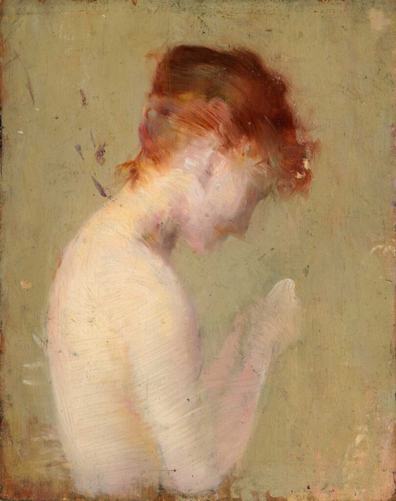 vintage portrait painting of a woman with red hair on a yellow background by Carolus-Duran entitled "Untitled" for use as free printable wall art