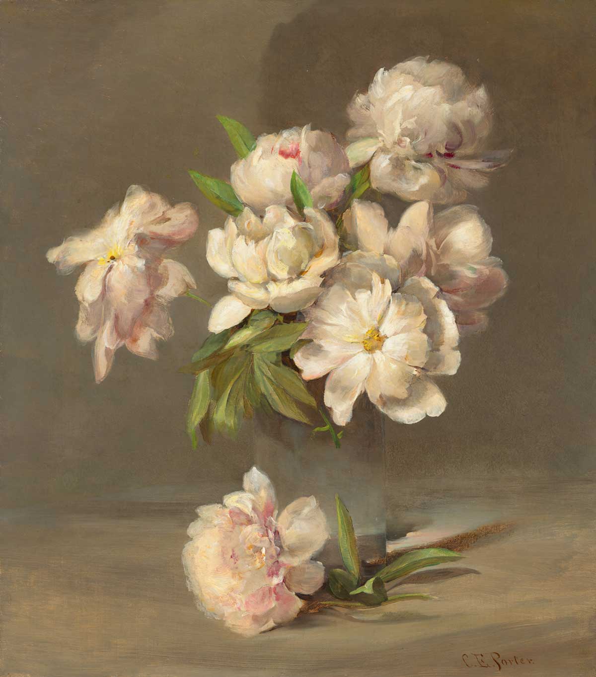 free vintage flower painting for spring home decor by Charles Ethan Porter entitled "Peonies in a Vase"