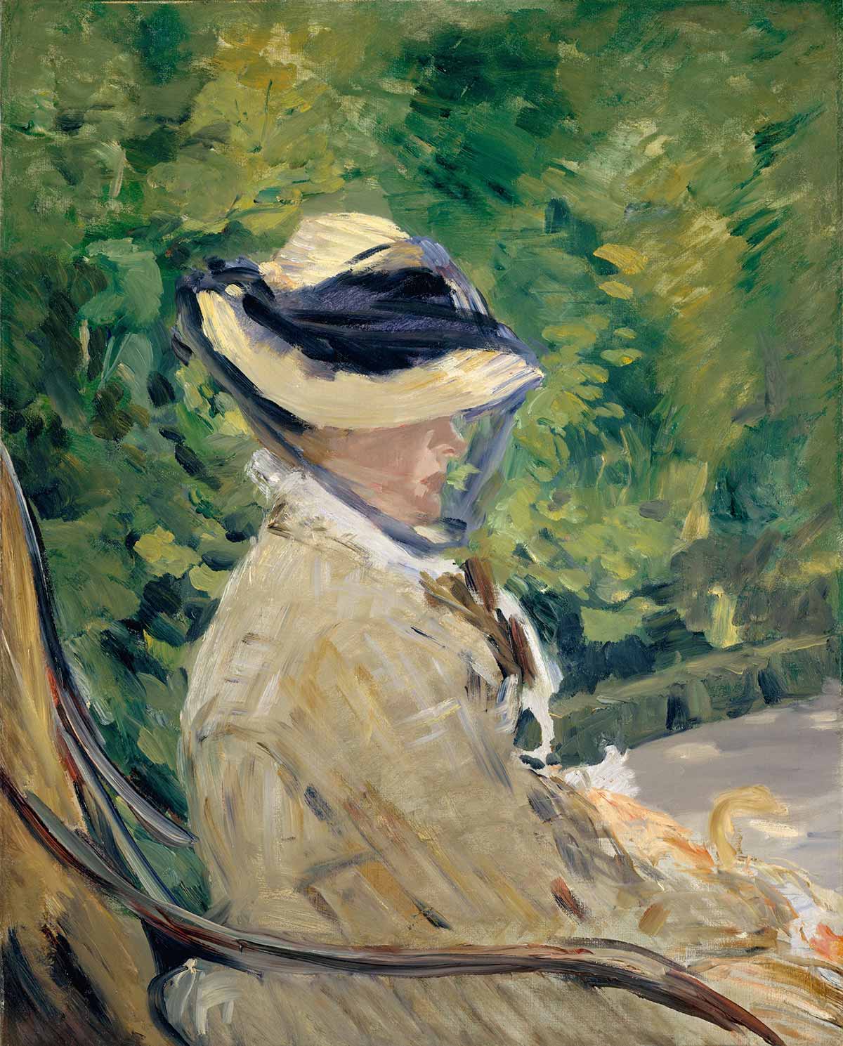 free vintage spring portrait painting by Édouard Manet entitled "Madame Manet (Suzanne Leenhoff) at Bellevue" for use as spring home decor