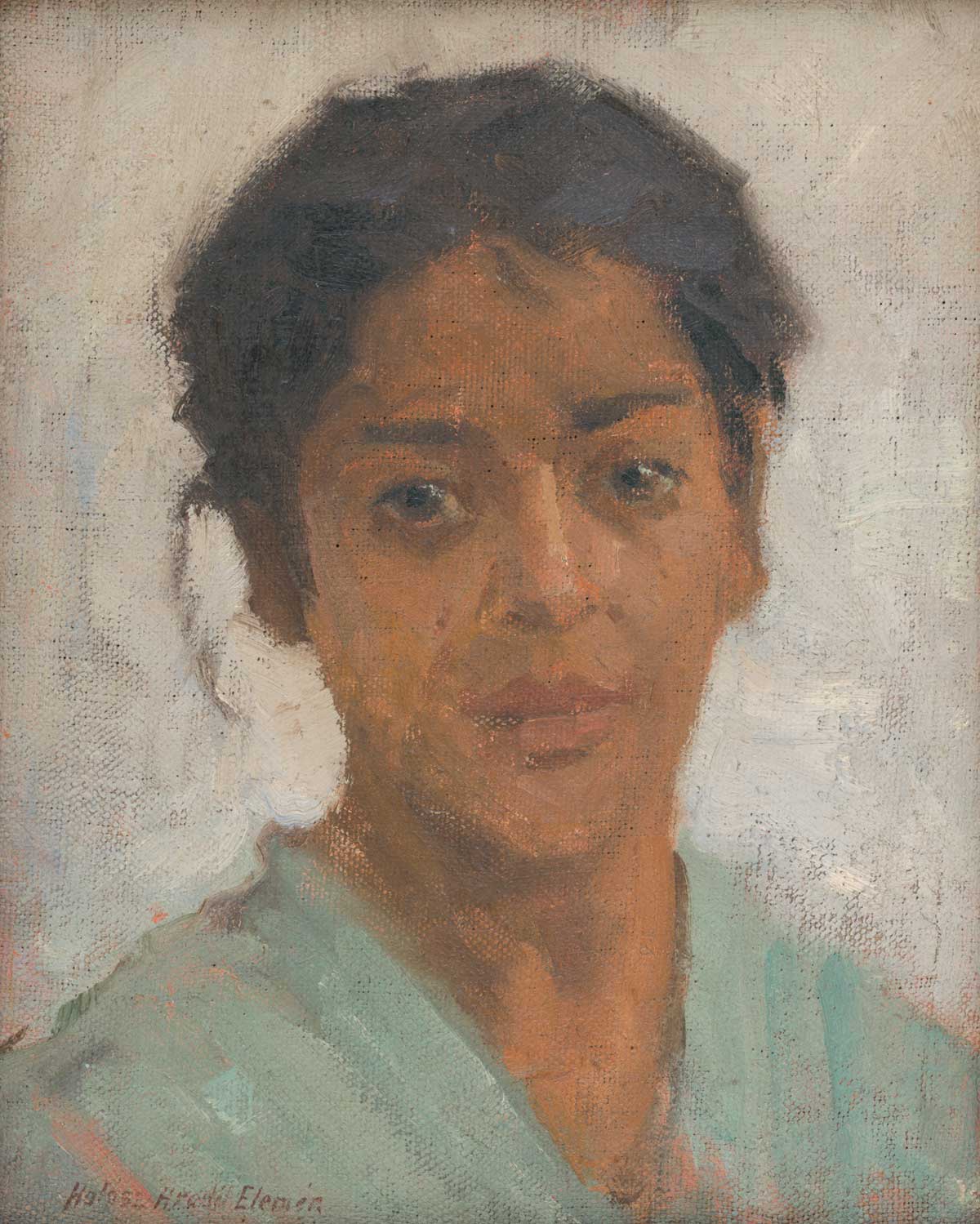 free vintage portrait painting of a woman with a blue shawl by Elemír Halász-Hradil entitled “Cigánča”