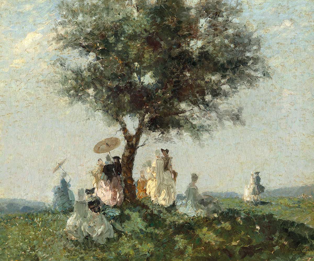 free vintage spring landscape painting with people having a picnic on a hilltop by Emma Ciardi entitled "At The Picnic (Beim Picknick)"