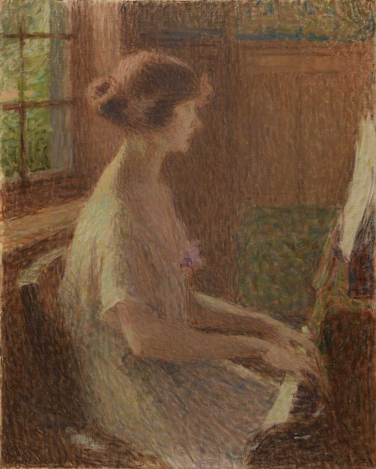 free vintage portrait painting of a woman playing piano by Ernest Laurent entitled "Young girl at the piano. Portrait of Mademoiselle Warnier"