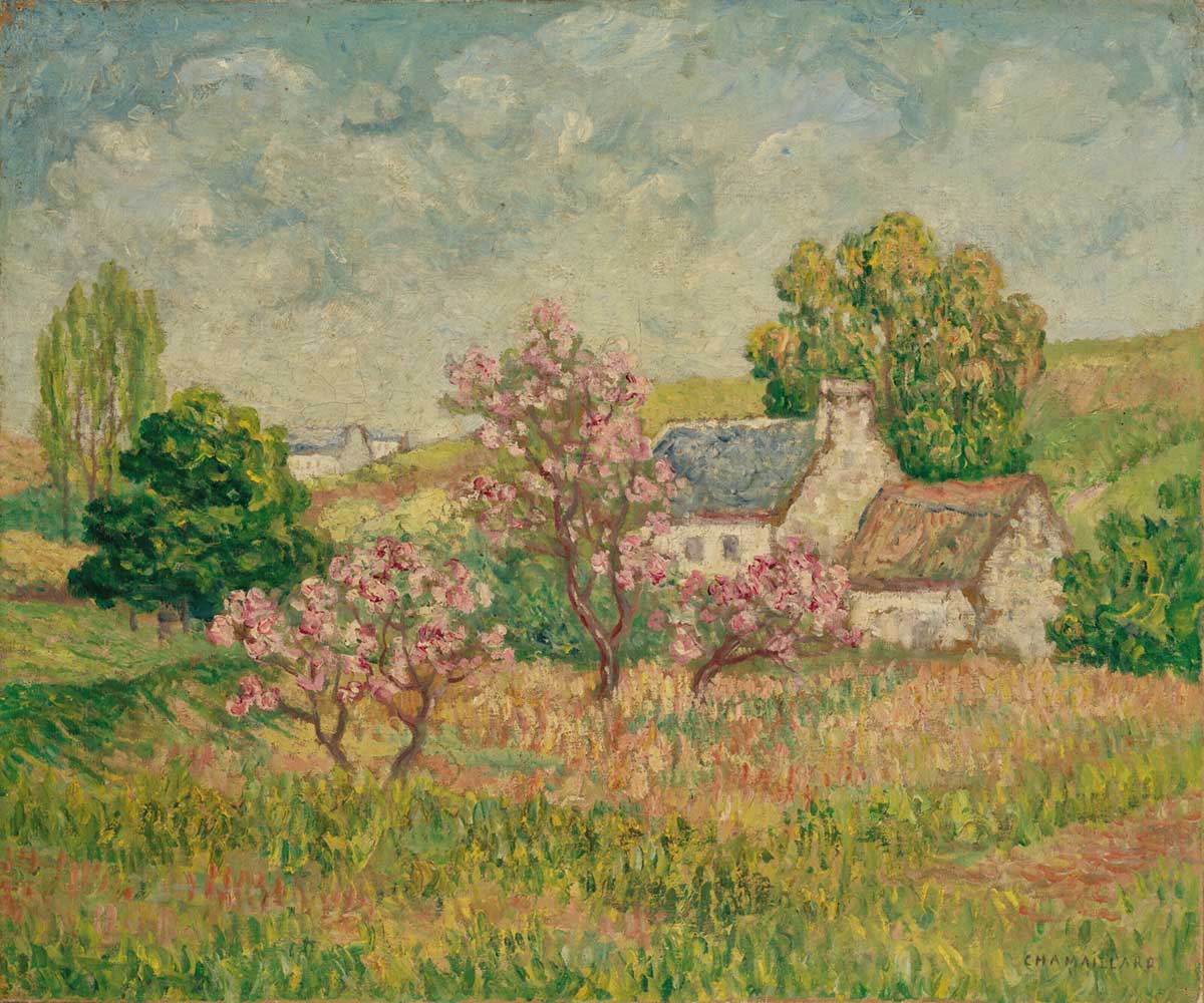 free vintage spring landscape painting by Ernest de Chamaillard entitled "Spring in Pont-Aven (Printemps à Pont-Aven)" for use as free printable wall art spring home decor