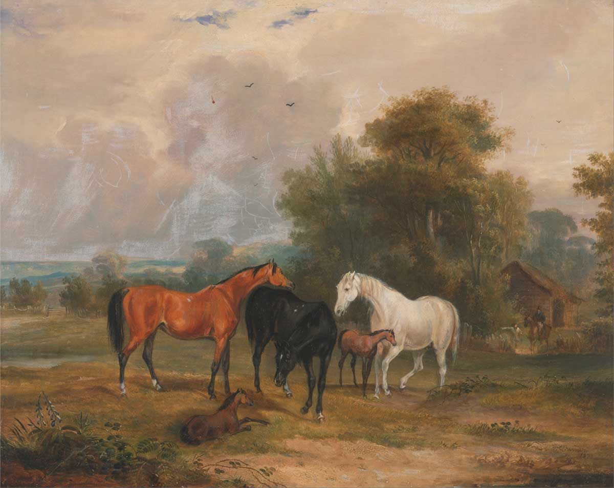 free vintage spring animals painting by Francis Calcraft Turner entitled "Horses Grazing: Mares and Foals in a Field"  