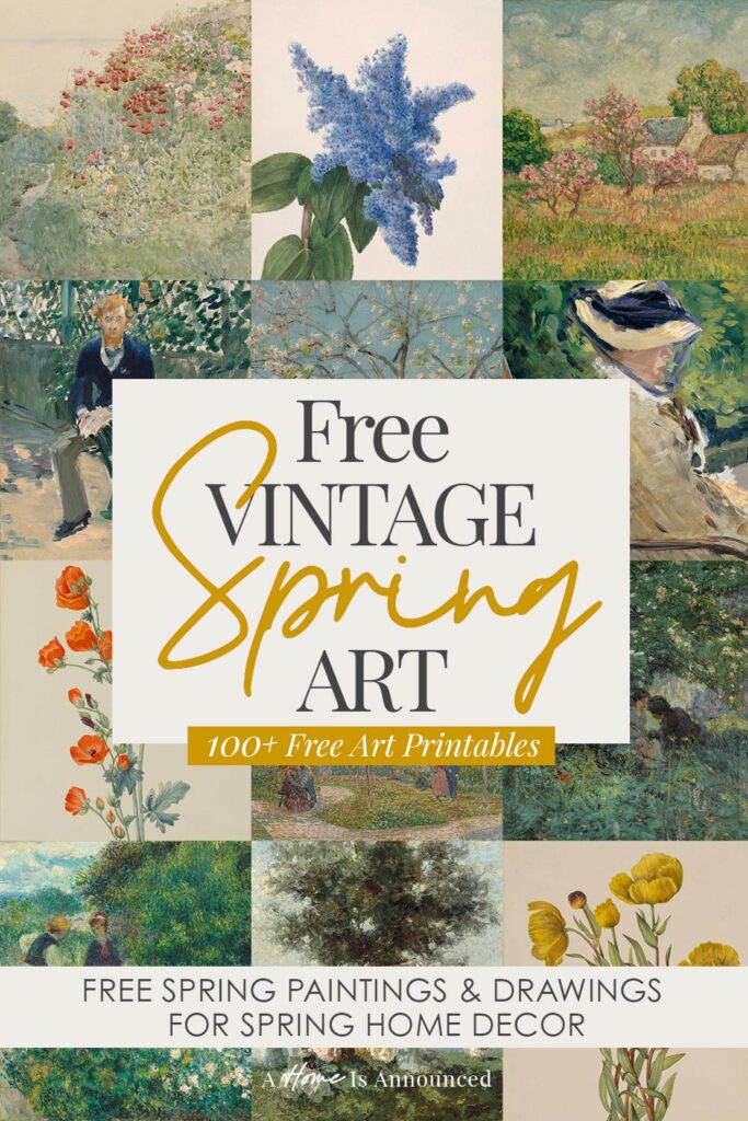 a collage of free vintage spring art and spring prints for use as vintage spring decor with a text overlay that reads "free vintage spring art 100+ free art printables"