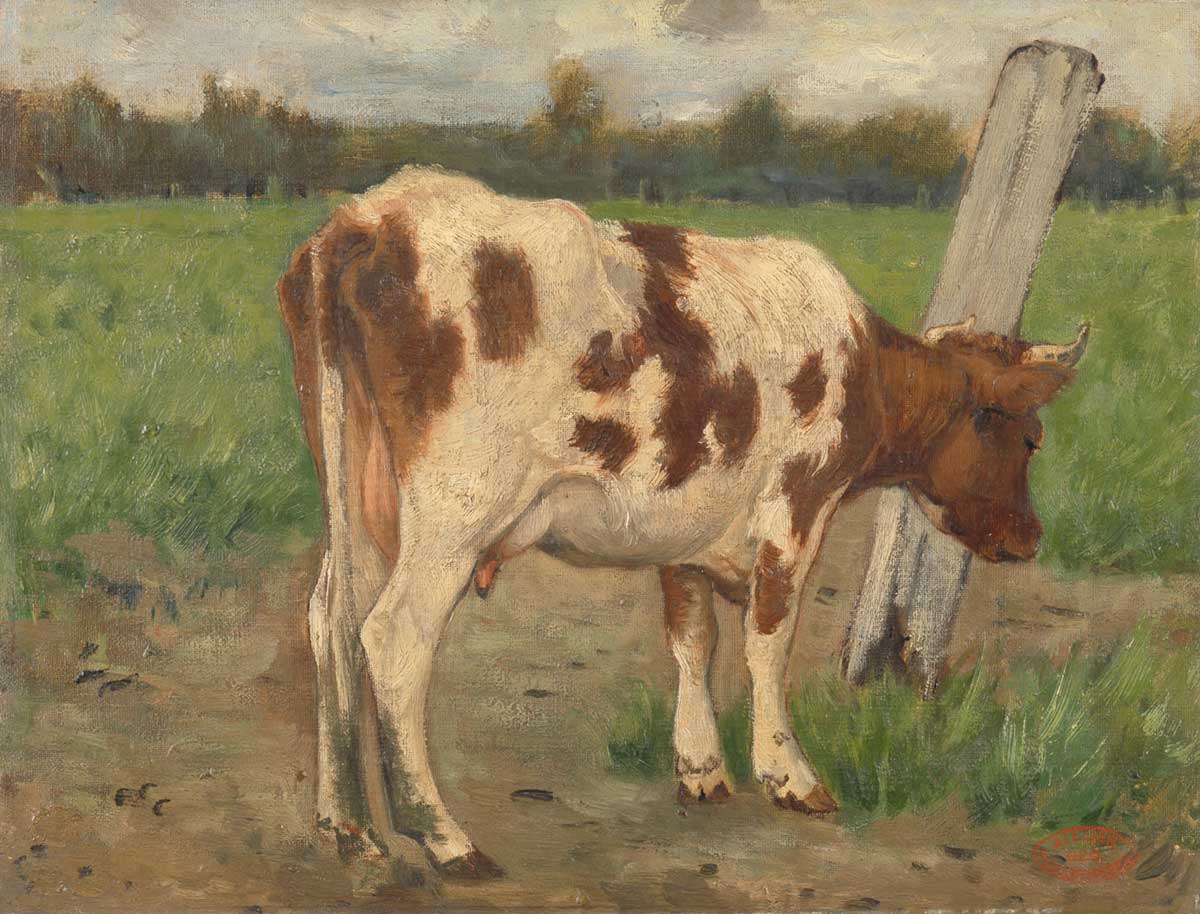 free vintage spring farm animal painting of a cow by Geo Poggenbeek entitled "Cow"