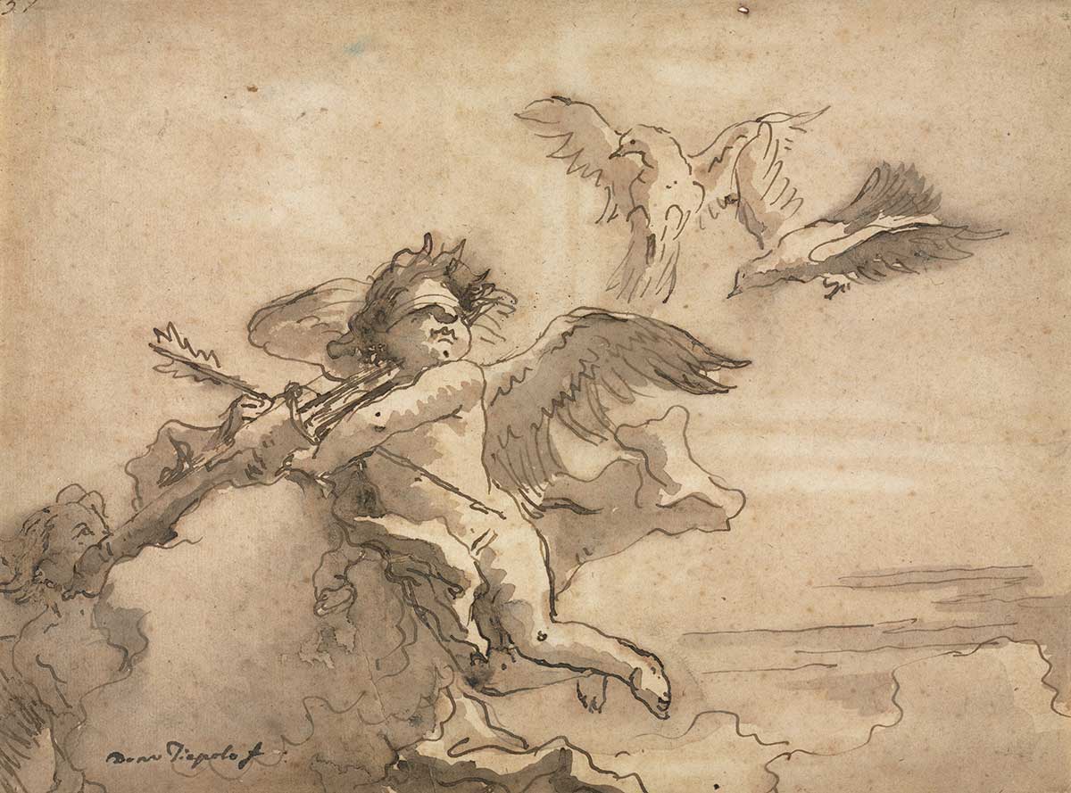 free vintage valentine's day art by Giovanni Domenico Tiepolo entitled "Cupid Blindfolded and Two Doves"