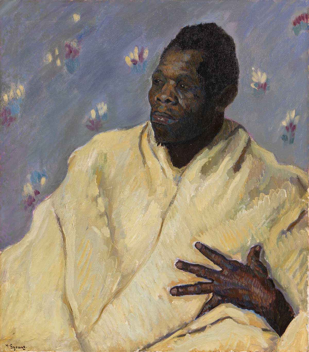 free vintage portrait painting of a black man in a white robe in front of a purple background by Hanns Sprung entitled “Afrikaner mit weißem Gewand” for use as free printable wall art home decor