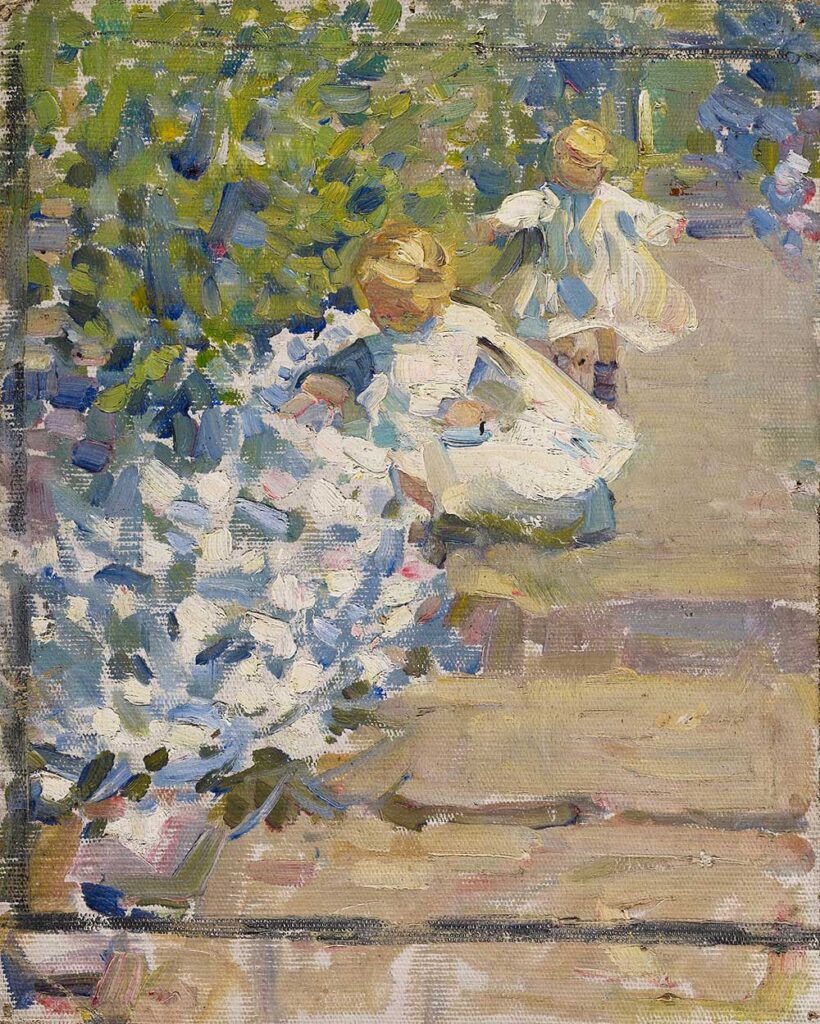 free vintage spring portrait painting by Helen McNicoll entitled "Sketch for 'Picking Flowers'"