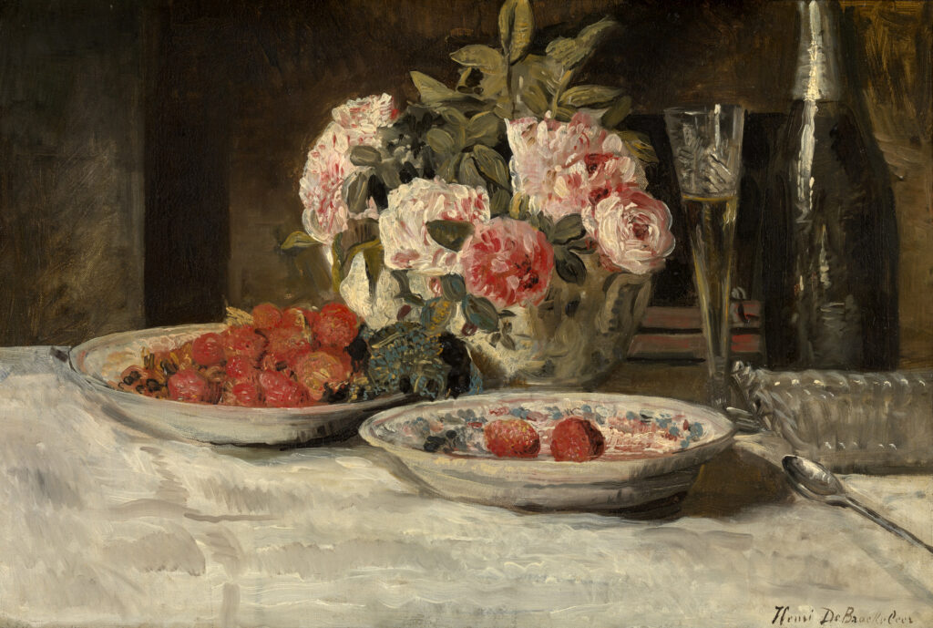 free vintage valentine's day art painting by Henri de Braekeleer entitled "Strawberries and Champagne"