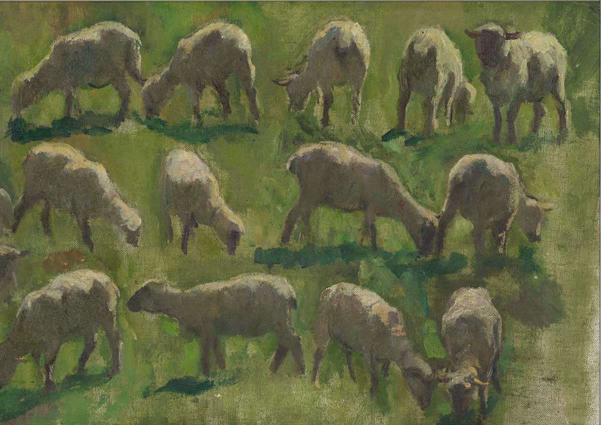 free vintage spring animal painting of sheep in a field by Henry Luyten entitled "Sheep in a Field (Study)"