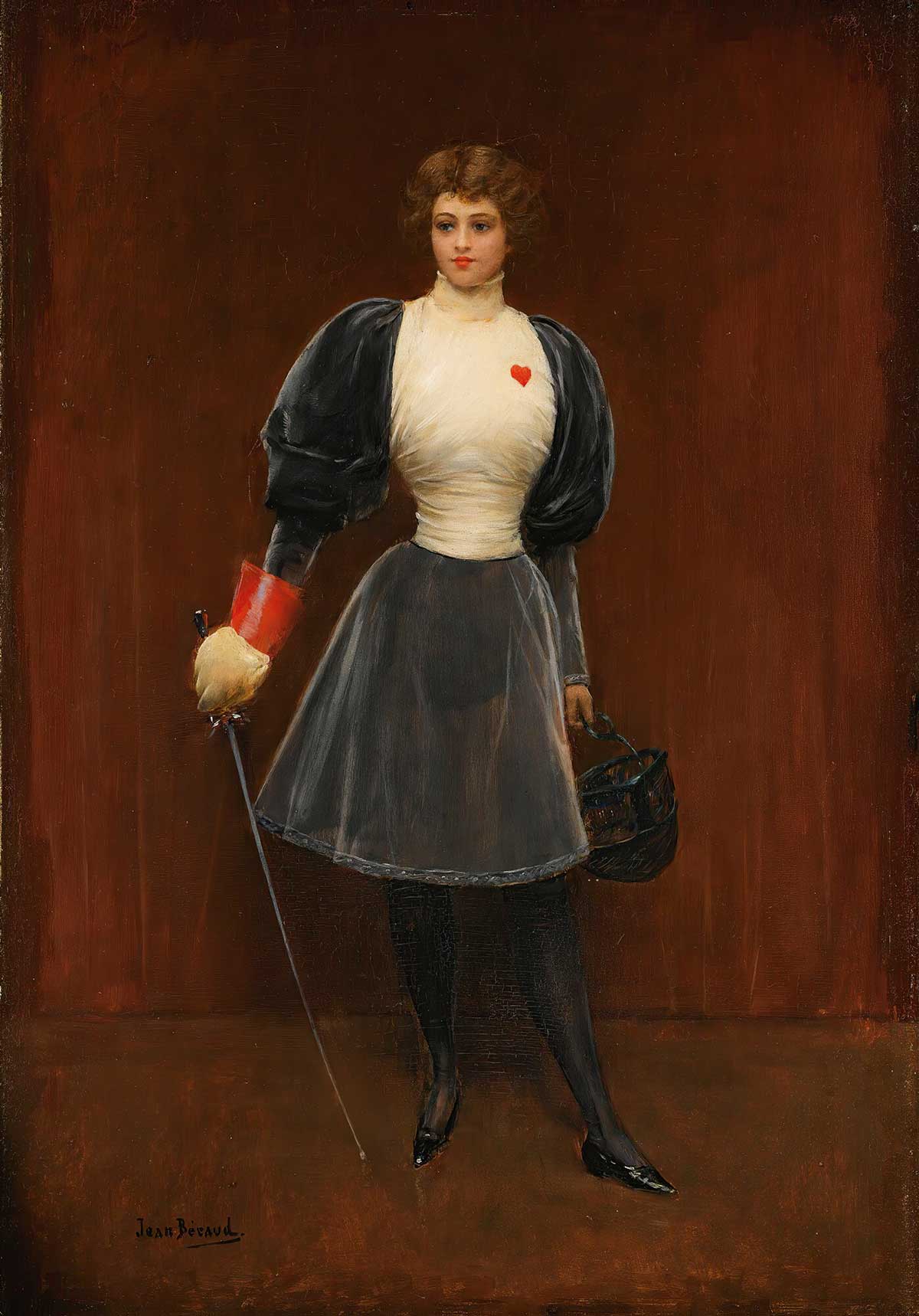 free vintage valentines day portrait painting by Jean Béraud entitled "The Fencer (L’escrimeuse)" for use as spring home decor