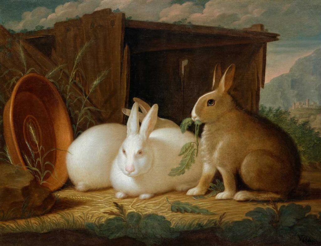 free vintage easter bunny rabbits painting by Johann Wenzel Peter entitled "Three rabbits in a landscape"