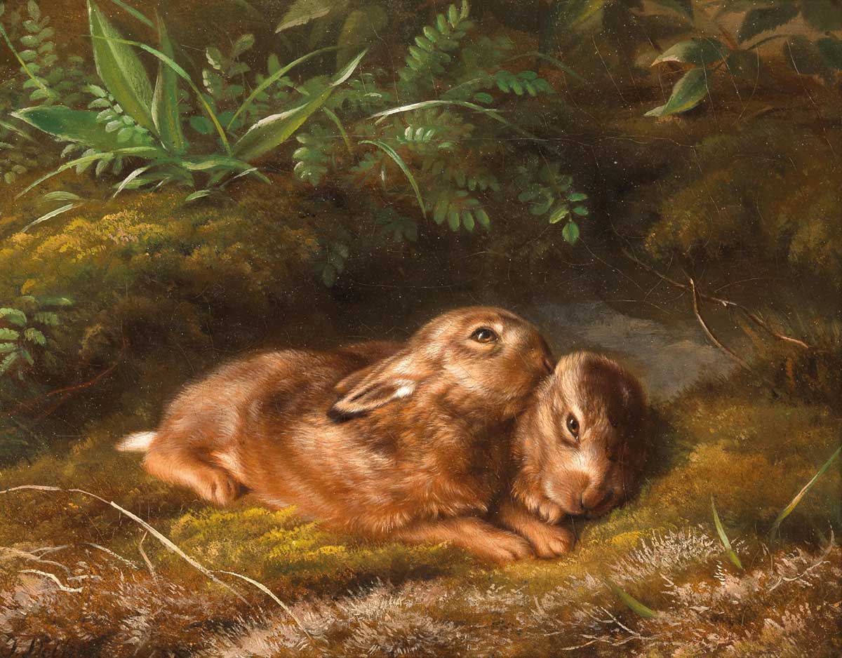free vintage spring bunny rabbit painting by Johannes Deiker entitled "Two Hares in the Moss"