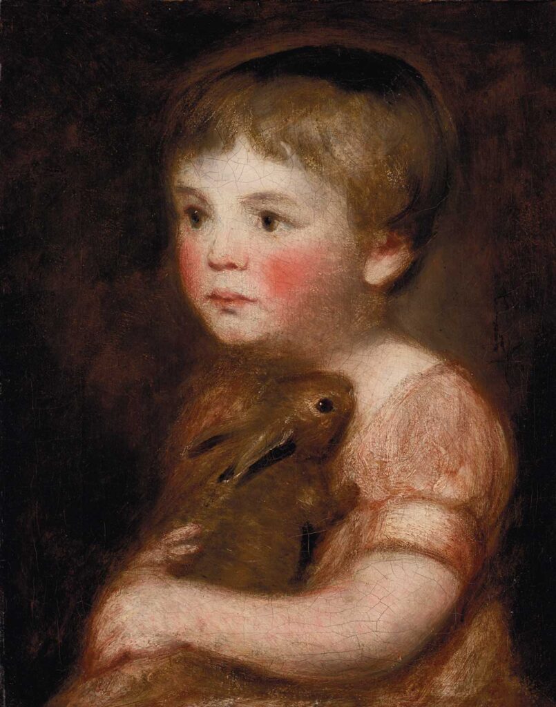 free vintage portrait painting of a little girl holding a bunny by John Constable entitled "Miss Lewis with a rabbit"