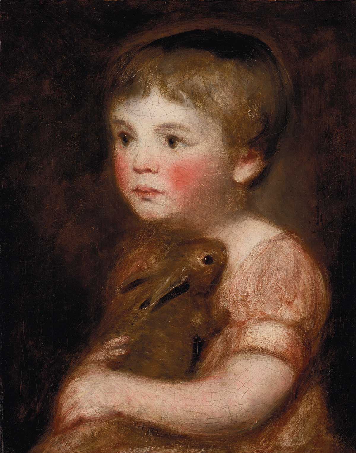 free vintage portrait painting of a little girl holding a bunny by John Constable entitled "Miss Lewis with a rabbit"