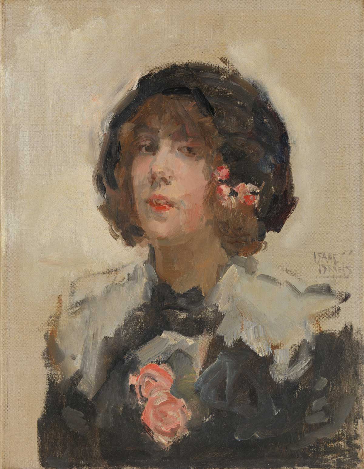 vintage portrait painting of a young woman with a black beret and pink flowers by Jozef Israëls entitled “Portret van een vrouw” for use as free printable wall art