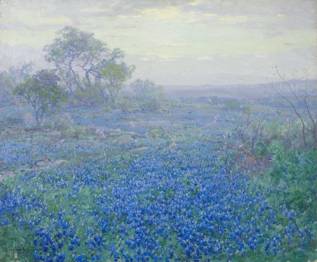 free vintage spring landscape painting by Julian Onderdonk entitled "A Cloudy Day, Bluebonnets near San Antonio, Texas"