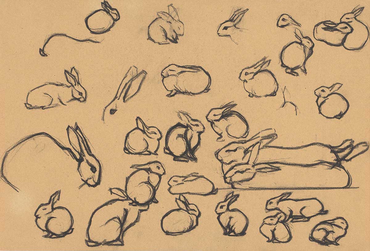Free vintage easter sketch of bunnies by Julie de Graag entitled "Study sheet with rabbits" for use as spring home decor