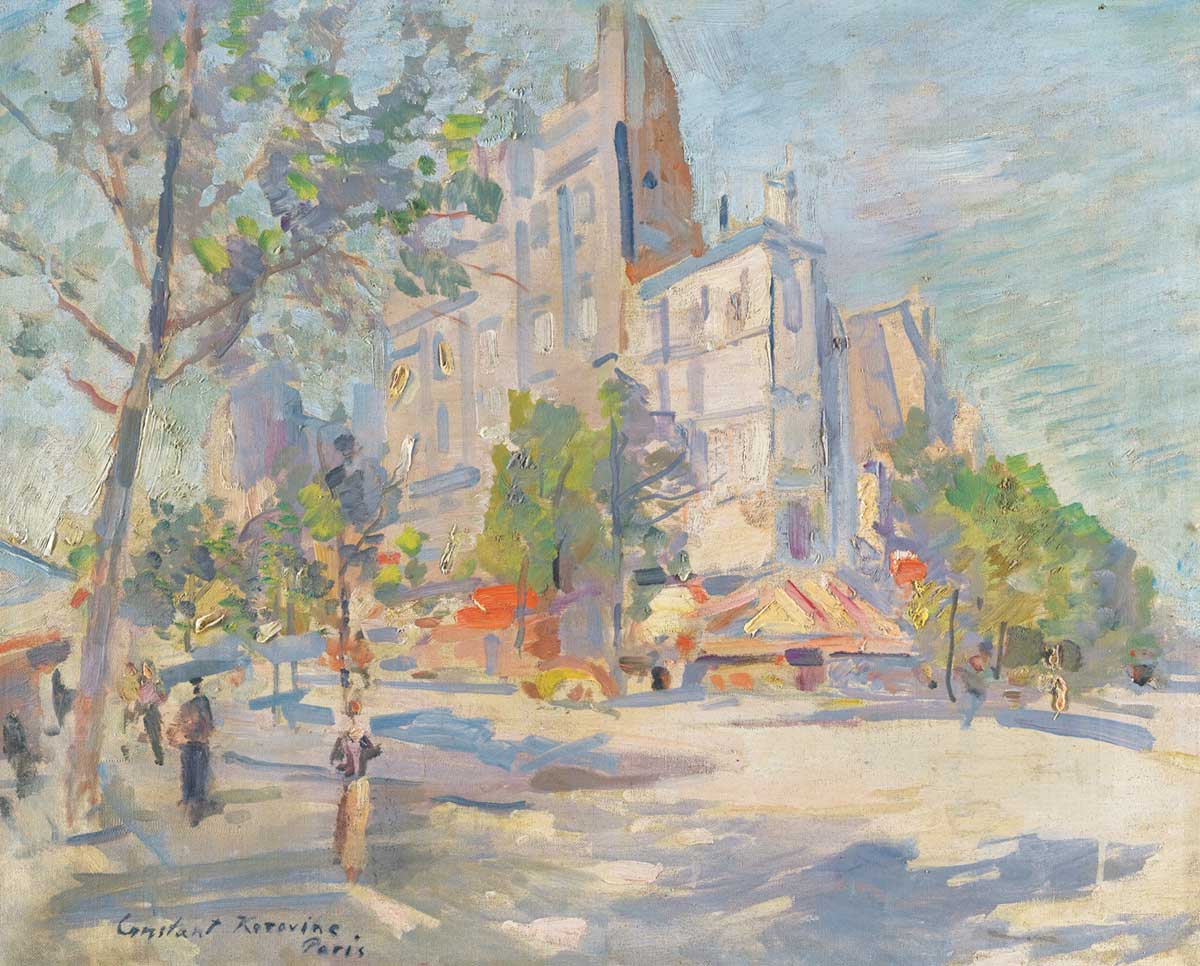 free vintage spring landscape painting by Konstantin Korovin entitled "Paris in Spring" for use as spring home decor
