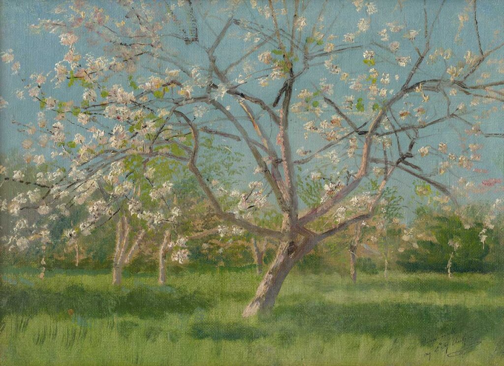 free vintage spring landscape painting by Ladislav Mednyanszky entitled "Study of flowering trees in an orchard"
